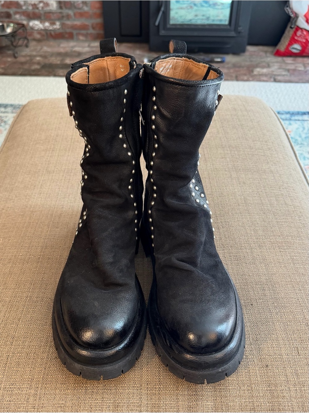A.S.98 Duke Black Studded Mid-Calf Leather Combat Boots, Size 39